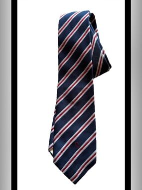 Vintage Christian Dior Navy Striped Tie with Red & White Accents silk blend logo